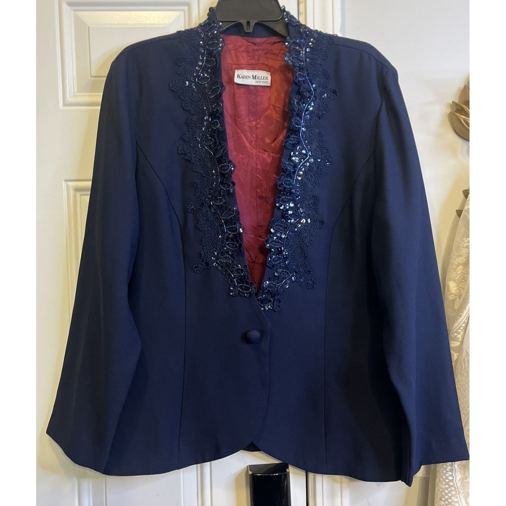VTG 90s Whimsigoth Karen Miller NY Navy Blue Beaded Sequin Evening Blazer Fairy